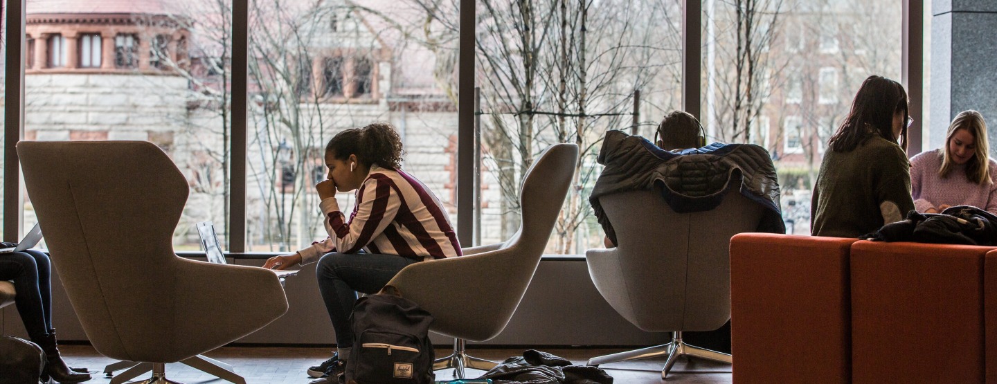 Students at library studying on laptops.