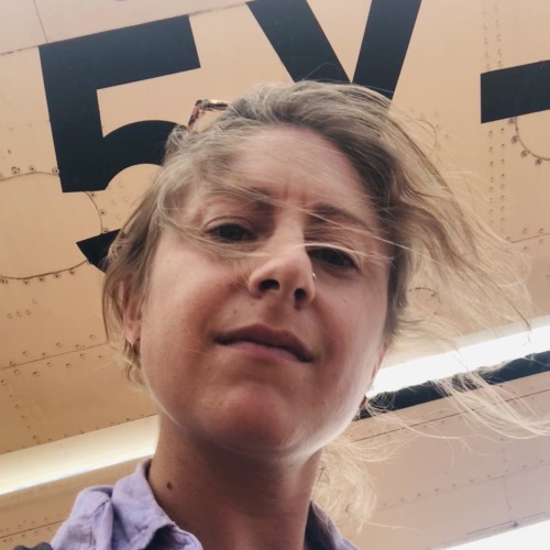 Woman standing under plane wing