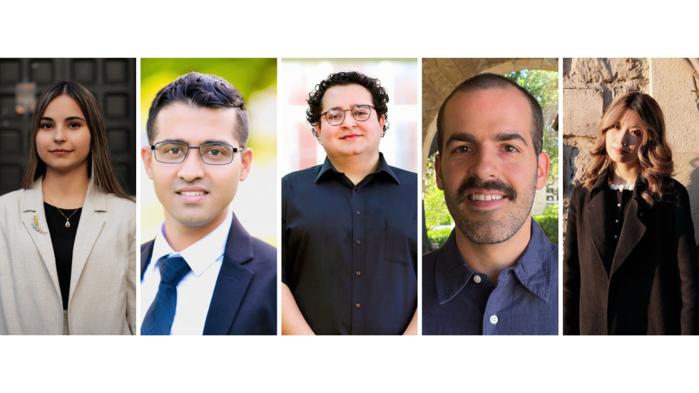 Five headshots of individuals. From left to right: woman with brown hair, man with glasses, person with curly hair, man smiling, woman with brown hair smiling.